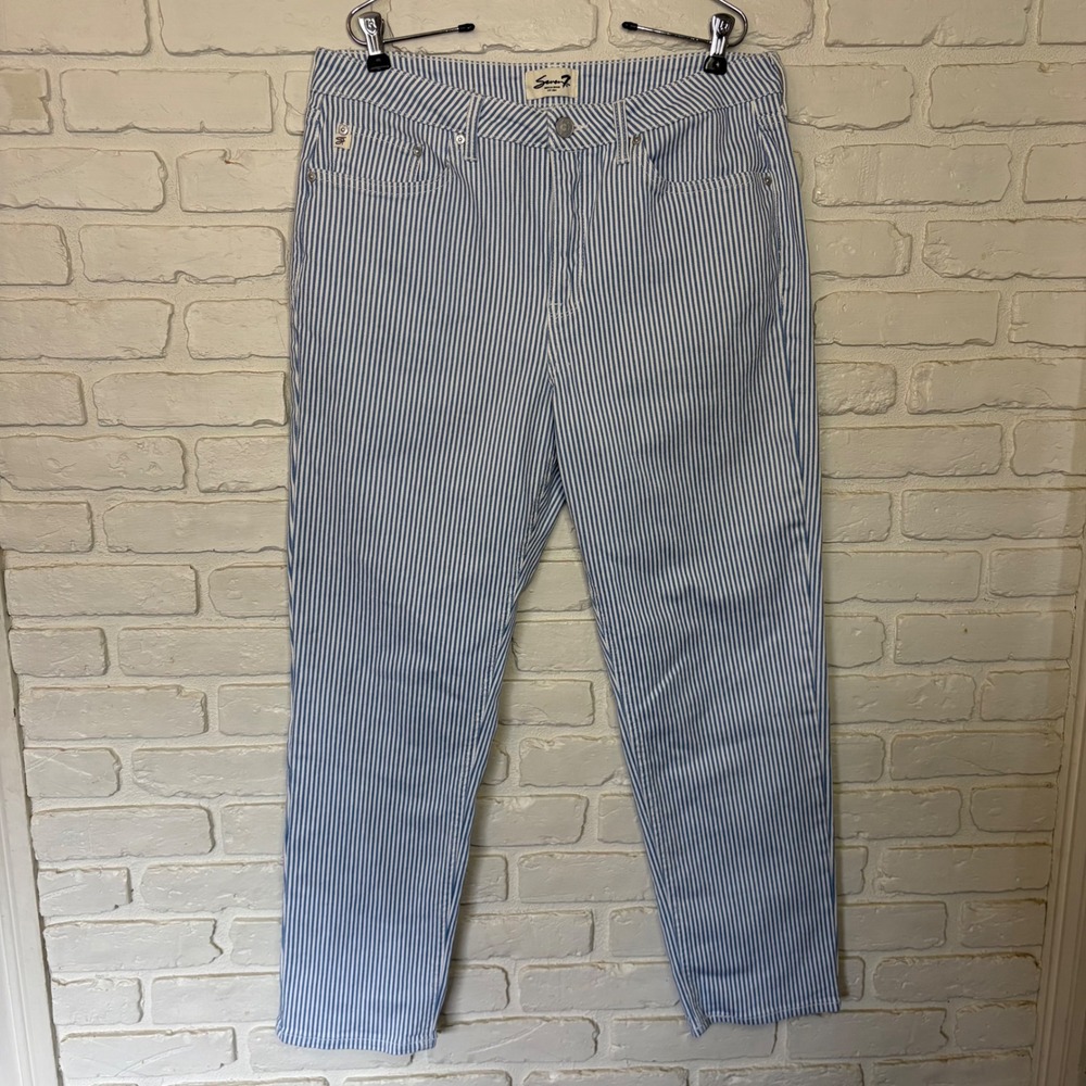 Seven 7 Blue White Striped High Waist Straight Leg‎ Jeans Women's Size 12